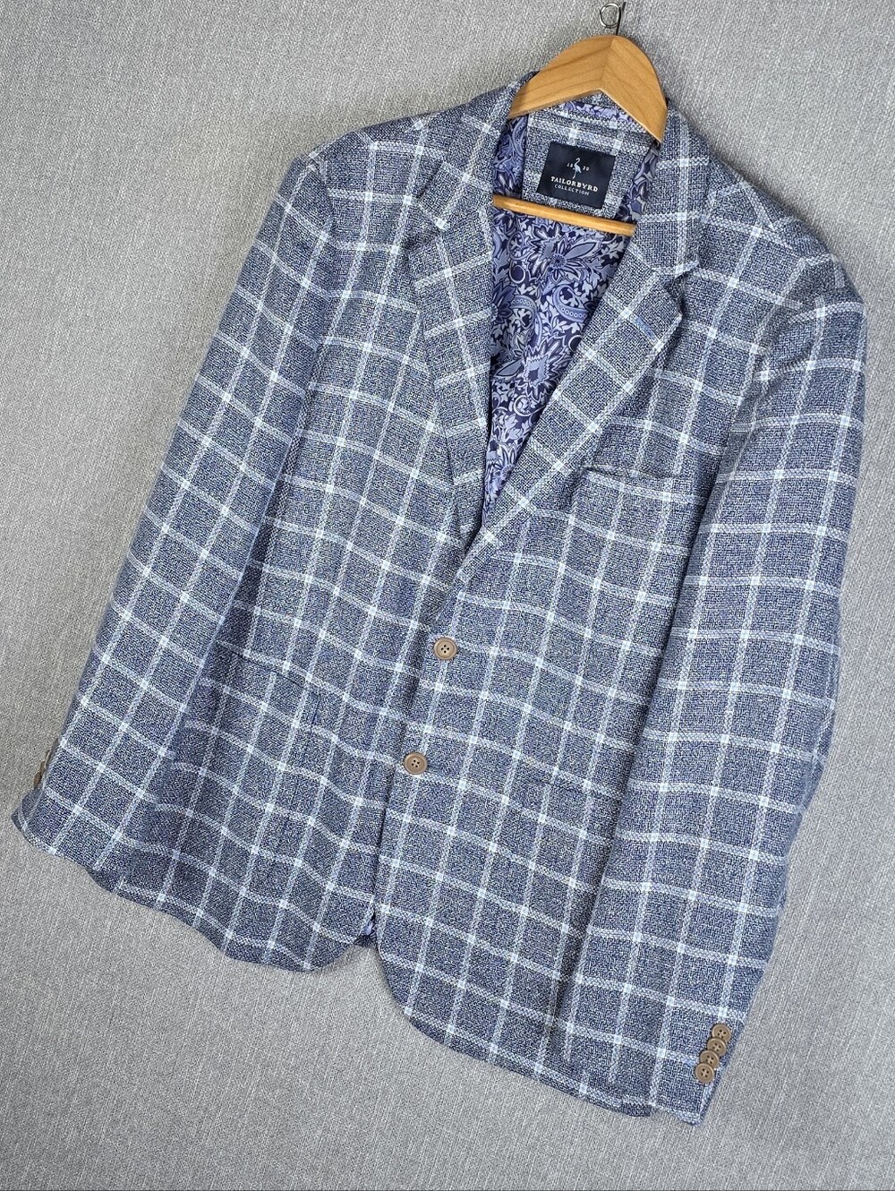 TAILORBYRD Blue/White Windowpane Plaid Linen Blend Blazer Sz 46R